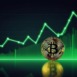 Growing bitcoin. Positive trend of bitcoin trade with growing candle stick graph in neon green background. Generative AI