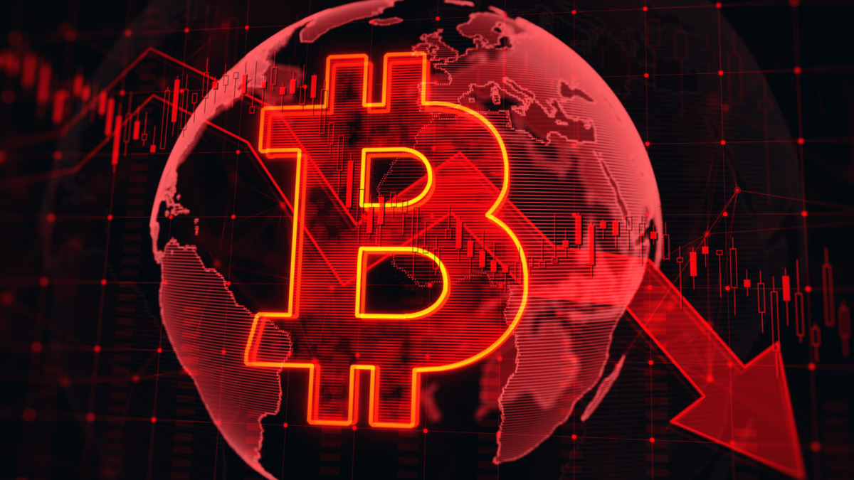 Bearish stock market, digital money and cryptocurrency concept with glowing digital red bitcoin symbol, falling down financial chart candlestick and arrow on world map globe background. 3D rendering
