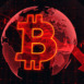 Bearish stock market, digital money and cryptocurrency concept with glowing digital red bitcoin symbol, falling down financial chart candlestick and arrow on world map globe background. 3D rendering