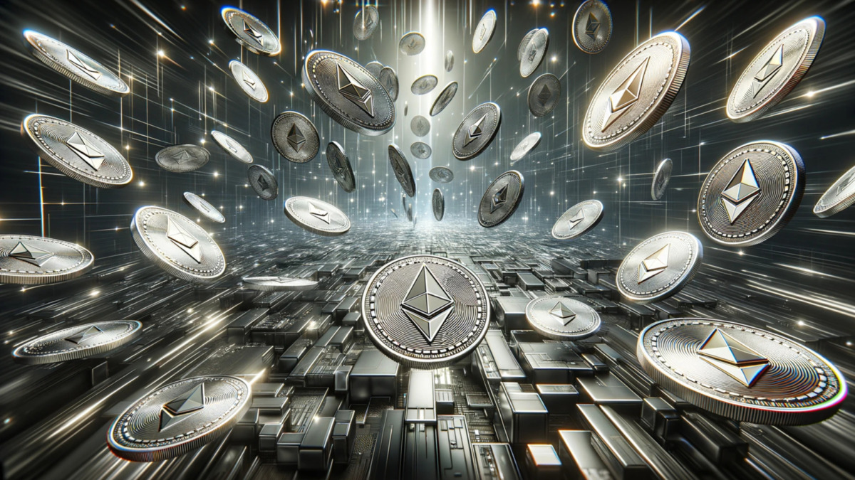 A panoramic digital scene filled with numerous silver Ethereum coins, creating a sea of Ethereums. The scene is set against a dark