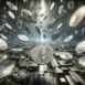 A panoramic digital scene filled with numerous silver Ethereum coins, creating a sea of Ethereums. The scene is set against a dark