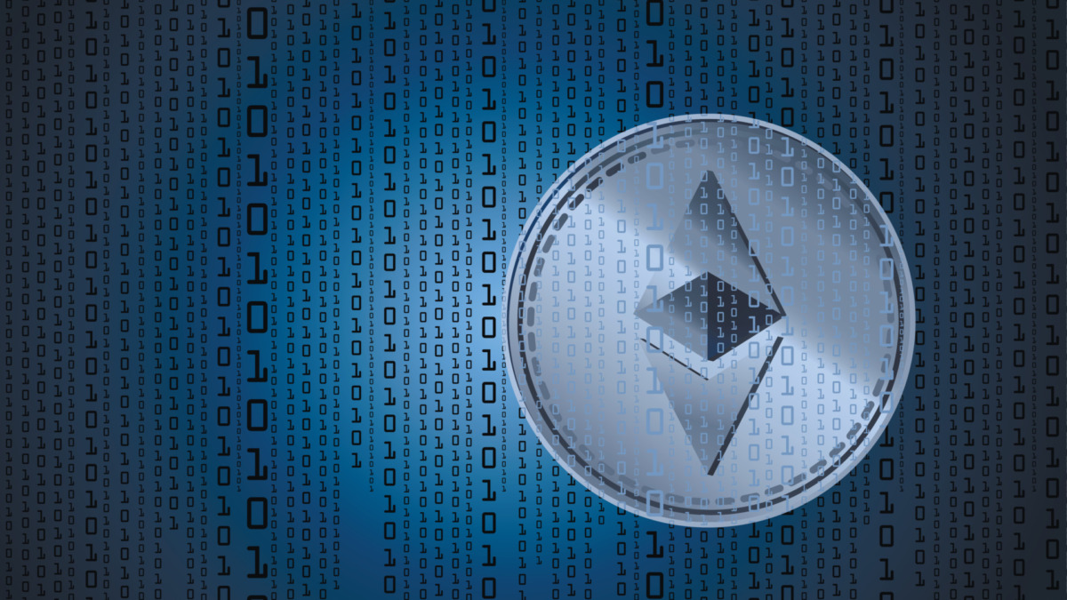 ethereum digital cryptocurrency, sign binary code number. Background binary code. Big data mining technology. Blue glowing abstract vector illustration of online electronic payments