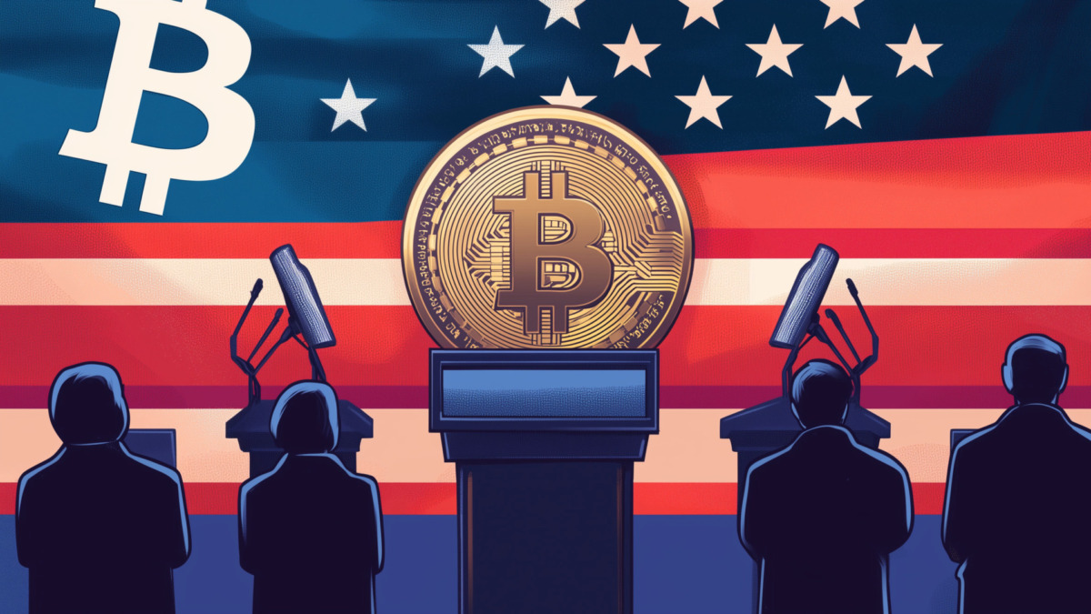 us presidential podium with bitcoin logo. illustrative art