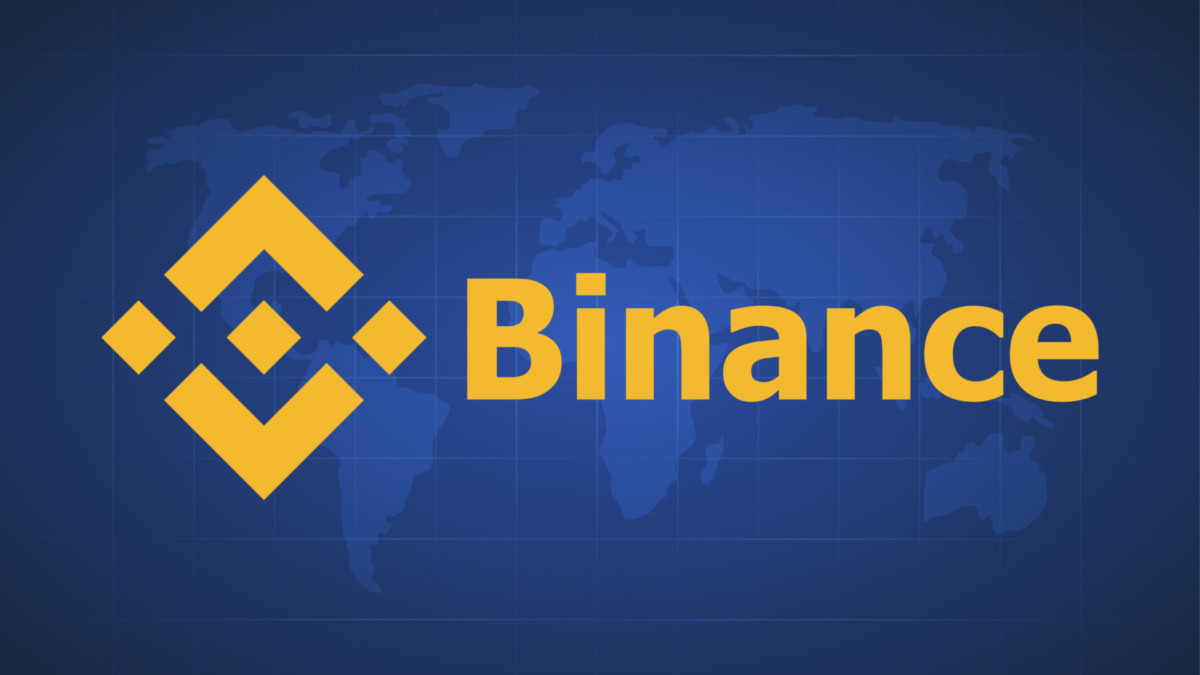 Vector illustration of Binance. Virtual electronic, internet money or cryptocoin symbol on a blue world map background. Binance coin cryptocurrency blockchain icon.