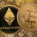 Ethereum and Bitcoin cryptocurrency coins. Digital currency in the blockchain concept technology