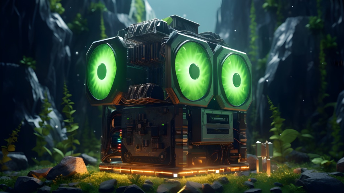 Bitcoin mining rig surrounded by green energy symbols, promoting eco-friendly practice