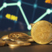 Golden XRP coins are displayed in front of green and blue financial graphs representing market trends and cryptocurrency fluctuations in a modern setting.