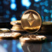 Closeup of golden Ethereum cryptocurrency surrounded by more coins and defocused stars background