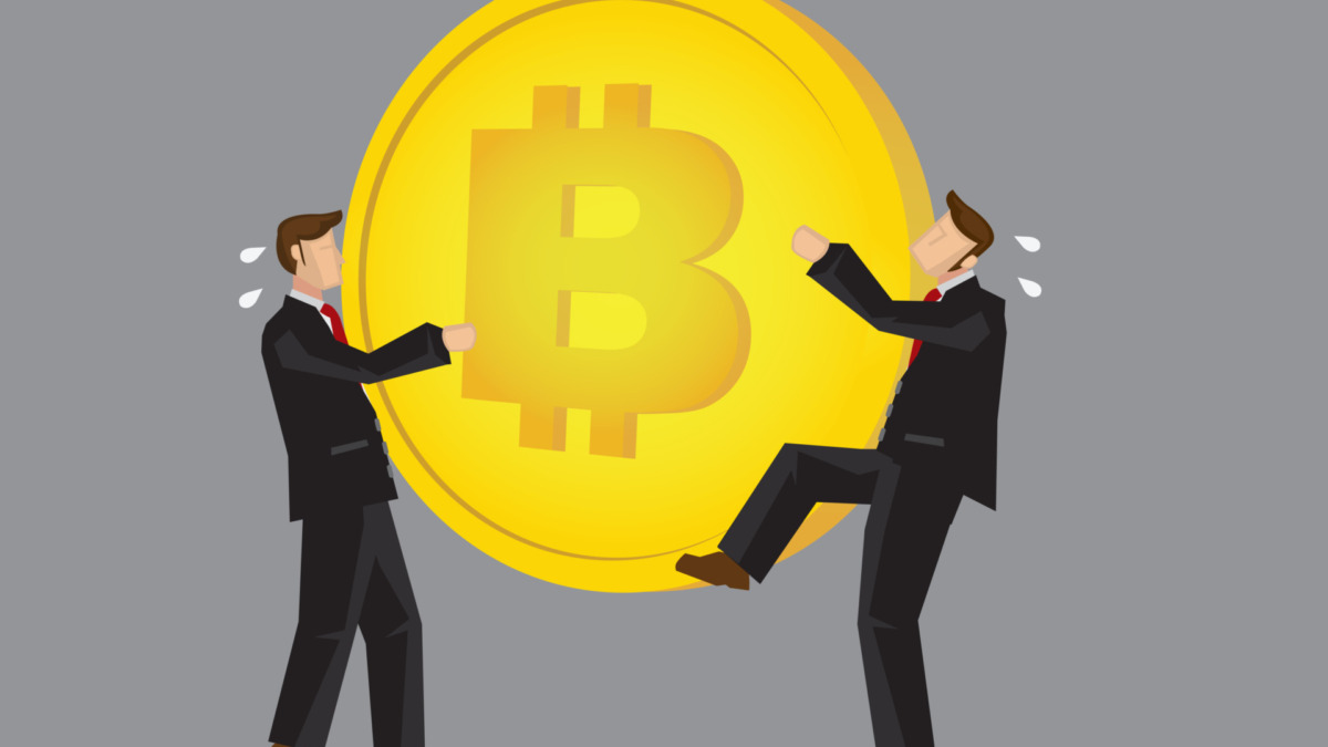 Two bussinessmen snatching for Bitcoin. Concept of the impact of cryptocurrency. Vector Illustration.