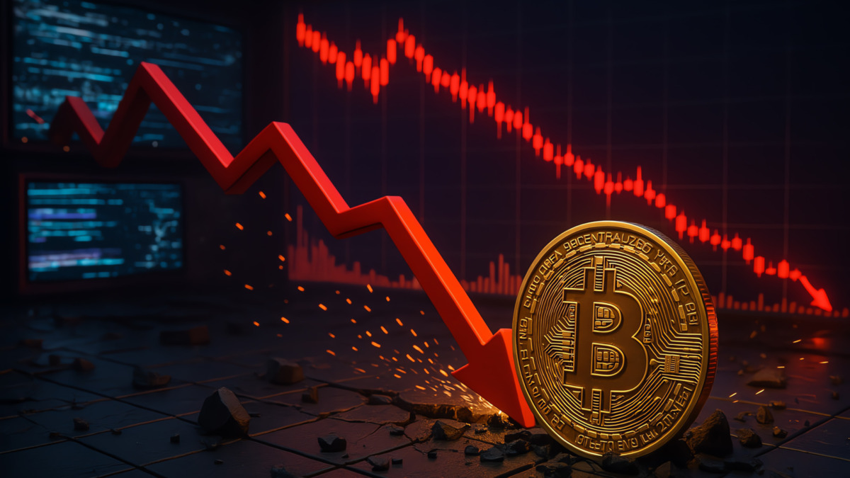 Bitcoin price decline represented by a downtrend graph.