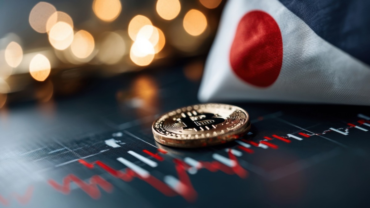 A dramatic portrayal of Japan's flag alongside a Bitcoin coin, highlighting the impact of stock market decline featuring financial charts and analytics.