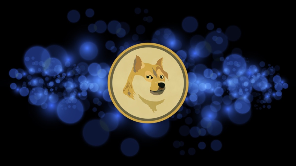 images of dogecoin-dog crypto currency on digital background. 3d illustrations.