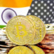 Concept for investors in cryptocurrency and Blockchain technology in the India and United States of America. Bitcoins on the background of the flag India and United States of America.
