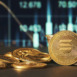 Golden Solana coins are displayed in front of green and blue financial graphs representing market trends and cryptocurrency fluctuations in a modern setting.