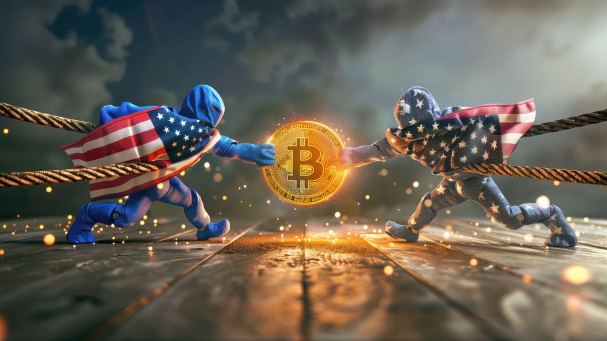 Two characters with United States flag capes playing tug of war with bitcoin illustrating cryptocurrency regulation challenges