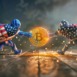 Two characters with United States flag capes playing tug of war with bitcoin illustrating cryptocurrency regulation challenges