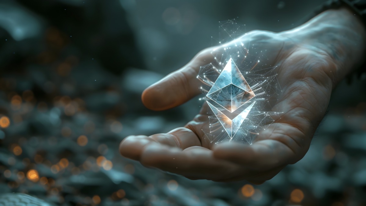 Close-up of a person's hand holding a glowing Ethereum cryptocurrency coin against a blurred blockchain-themed background with sparks and bokeh effects,showcasing the concept of digital finance.