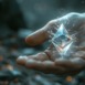 Close-up of a person's hand holding a glowing Ethereum cryptocurrency coin against a blurred blockchain-themed background with sparks and bokeh effects,showcasing the concept of digital finance.