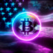 Bitcoin coin on american flag background with mystical neon light, symbol of cryptocurrency as a state reserve in the USA.