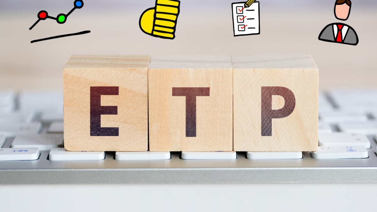 Exchange Traded Products ETP Electronic marketplace on wooden cubes.