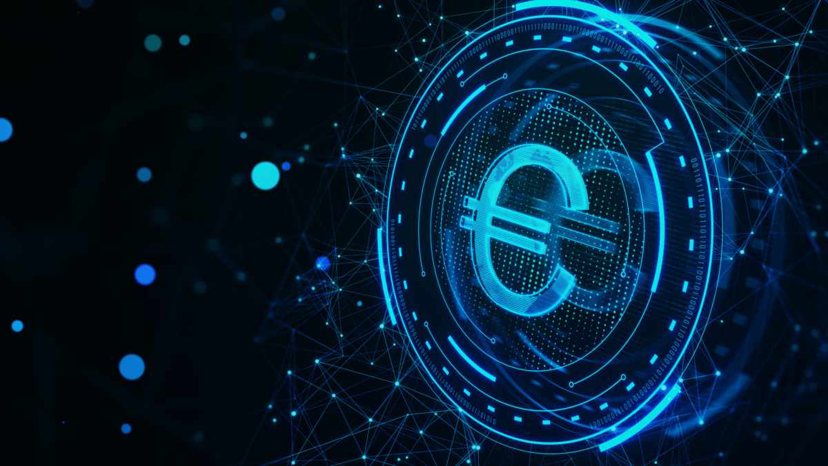 Creative round futuristic euro sign on dark polygonal background. Crypto, online banking, digital transformation and finance concept. 3D Rendering