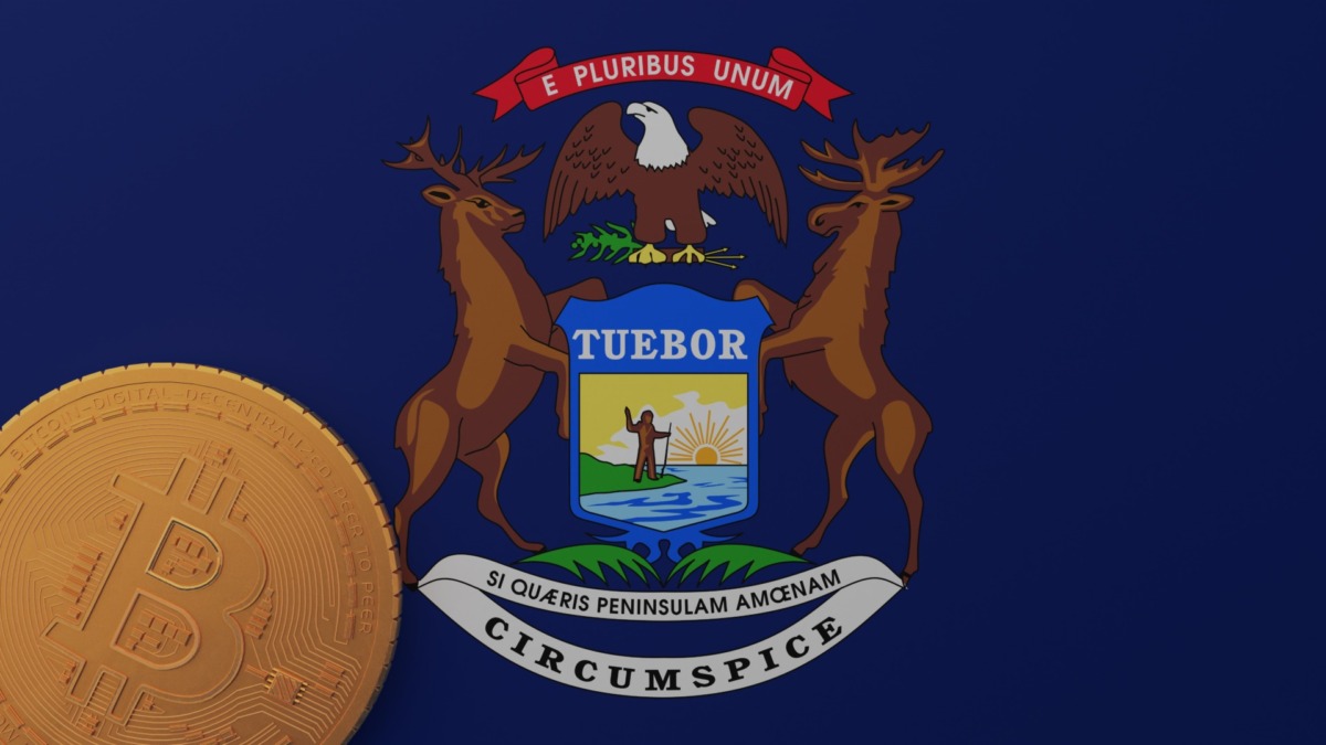 Gold Bitcoin in the Bottom Left Corner on the US State Flag of Michigan
