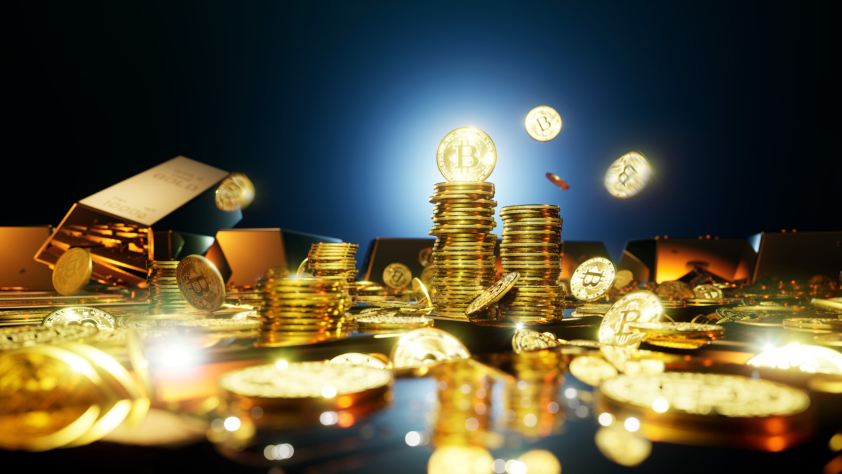 Bitcoin cryptocurrency falling coins surrounded by gold bars