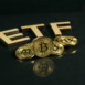 Photo of Bitcoin coin with ETF text Put on wooden floor, Concept Entering the Digital Money Fund.