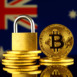 Physical version of Bitcoin, golden padlock and Australia Flag. Prohibition of cryptocurrencies, regulations, restrictions or security, protection, privacy.