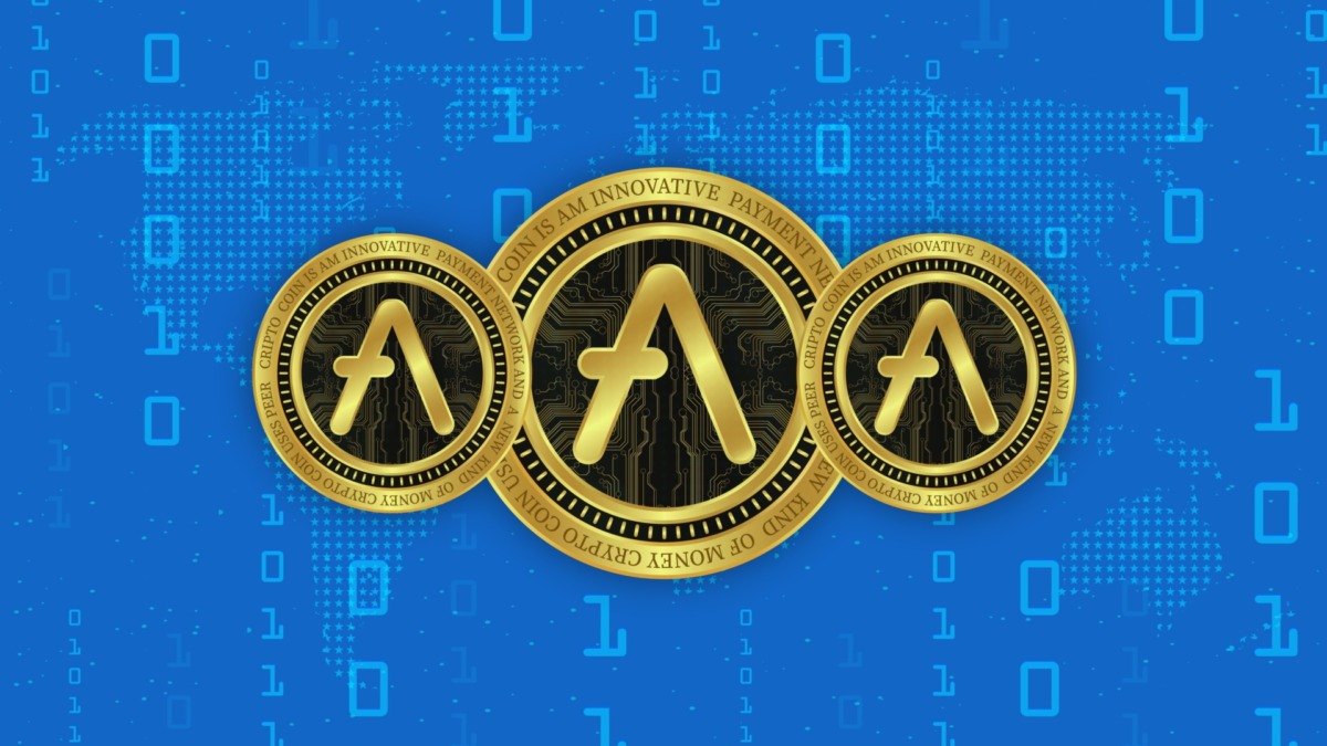 AAVE virtual currency images on digital background. 3d illustration