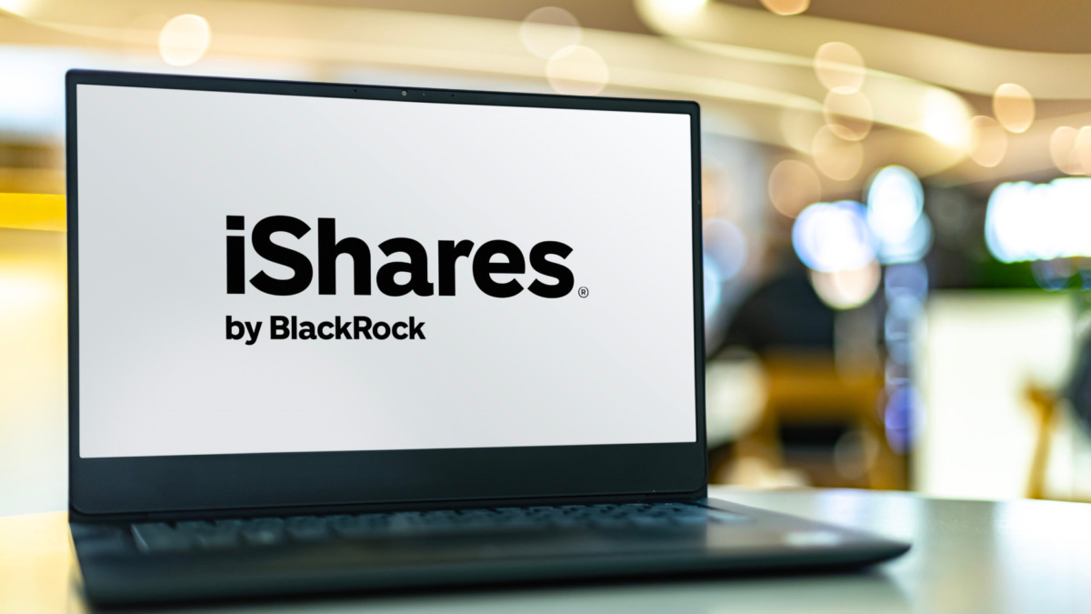 Laptop computer displaying logo of iShares, ETFs managed by BlackRock