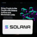 erson holding cellphone with logo of blockchain platform company Solana in front of business webpage. Focus on phone display.