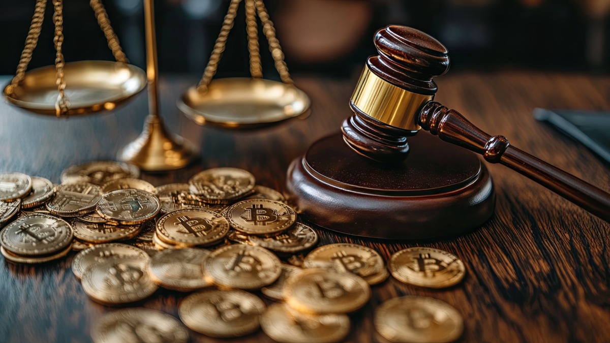 Gavel, Scales, and Bitcoin Coins Representing Legal Disputes in Cryptocurrencies