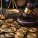 Gavel, Scales, and Bitcoin Coins Representing Legal Disputes in Cryptocurrencies