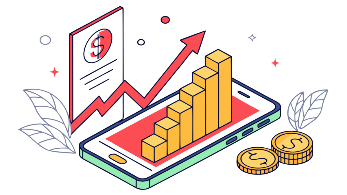 Isometric Financial Growth Illustration Mobile Chart with Dollar Coins Showing Profit Increase