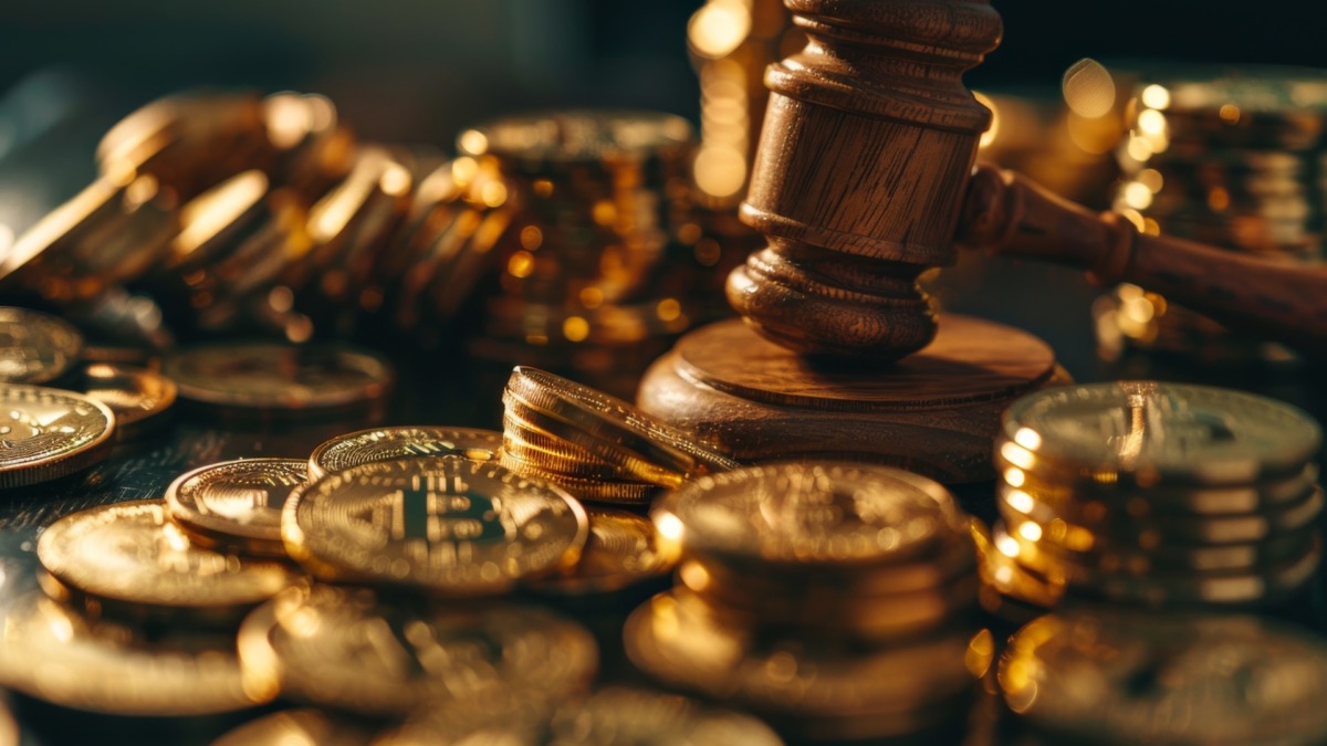 Golden Bitcoin Coins Gavel Table Justice Legal System Wealth Law Finance