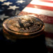 A bitcoin coin with the U.S. flag in the background. Cryptocurrencies. Federal Reserve.