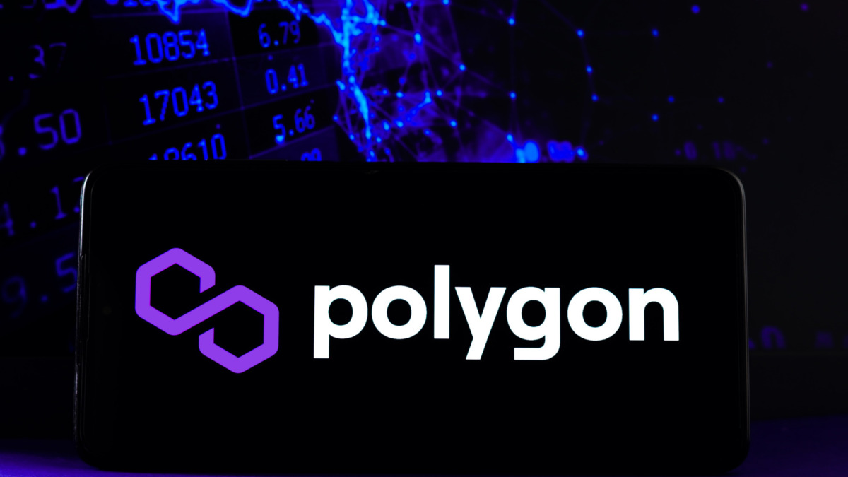 In this photo illustration the Polygon logo seen displayed on a smartphone
