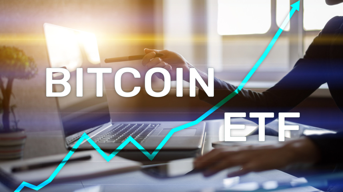 Bitcoin ETF, Exchange traded fund and cryptocurrencies concept on virtual screen.