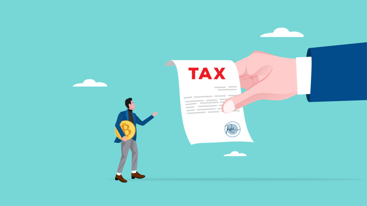 Crypto currency tax burden, businessman investor holding bitcoin surprised by government hand issue tax bill concept vector illustration