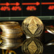 Piles of shiny ethereum coins are elegantly arranged on a reflective surface, while charts show cryptocurrency trends in the background