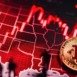 bitcoin red trading chart with red arrow down; people with fear