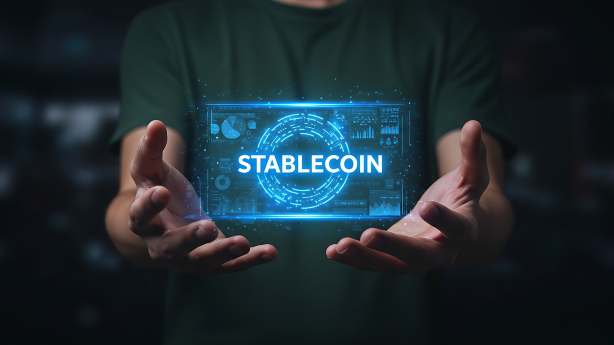 Stablecoin technology displayed in human hands digital investment