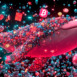 A vibrant depiction of a bitcoin whale swimming through a digital stock market symbolizing financial potential.