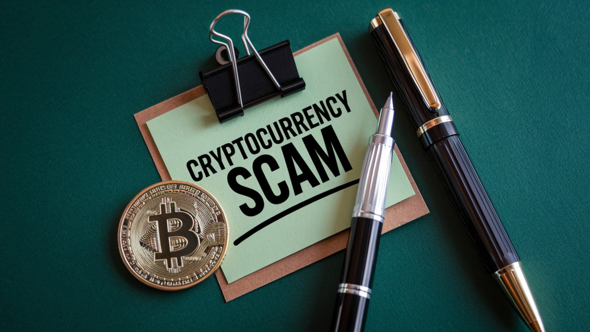 Green desk, bitcoin coin, note with "Cryptocurrency Scam" text, pens, binder clip, warning against fraudulent cryptocurrency investments