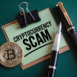 Green desk, bitcoin coin, note with "Cryptocurrency Scam" text, pens, binder clip, warning against fraudulent cryptocurrency investments