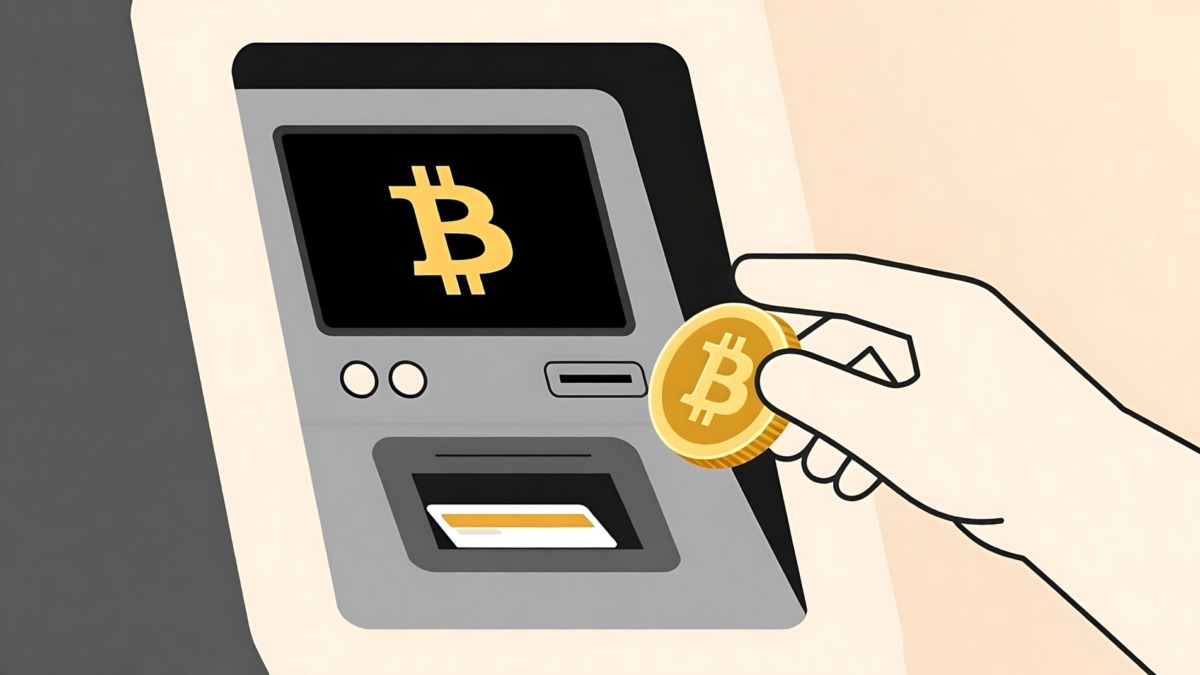 Hand inserts a golden Bitcoin coin into a digital cryptocurrency ATM, facilitating a modern financial transaction