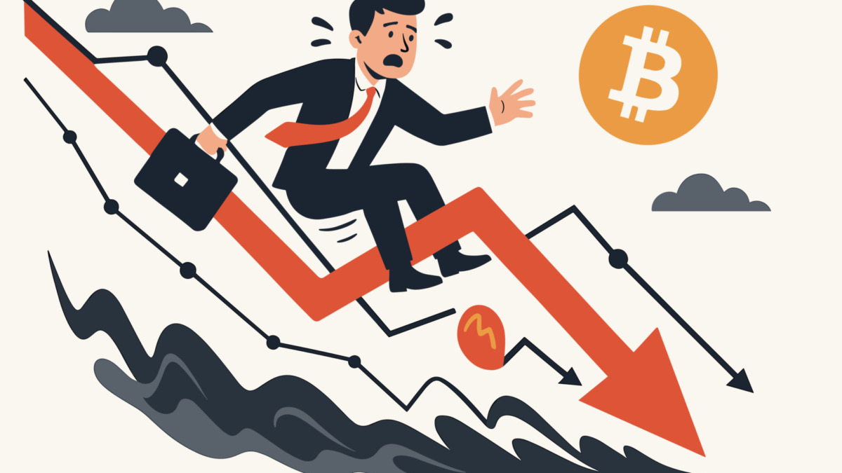 Businessman falling down market crash decline arrow reaching bitcoin cryptocurrency. Financial crisis investment loss volatility trader panic recession risk