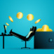 Man relaxing while receiving money transfer from computer into wallet. Online business, freelancer, investment concept