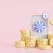Financial security, online payment protection, online transaction, online banking, and online shopping, saving money concept. Mobile phone bank. electronic wallet, coins, 3D illustration